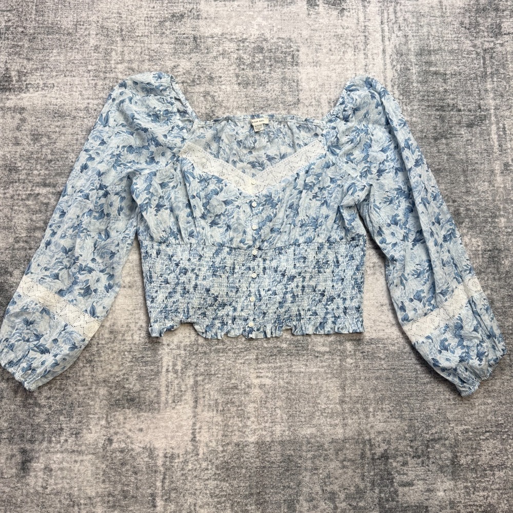 American Eagle Top Womens XL Blue Floral Smocked Babydoll Lace Cottage Coquette